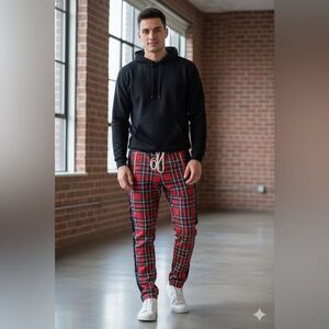 KDNK Red and Black Chinos with Tartan Plaid Pattern sz M